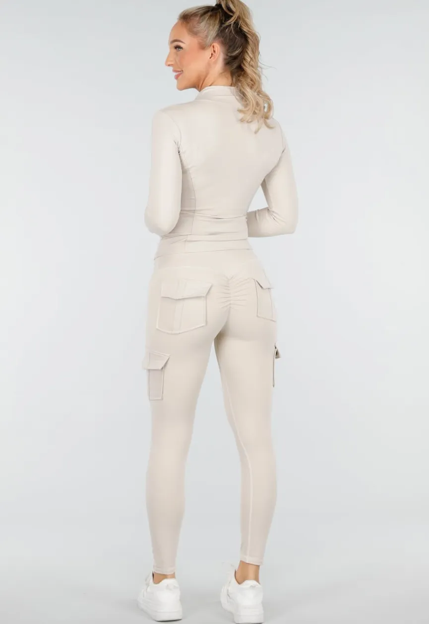 Beige Sportset met Cargolegging en Rits Top Dames