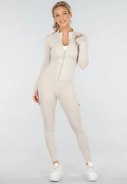 Beige Sportset met Cargolegging en Rits Top Dames