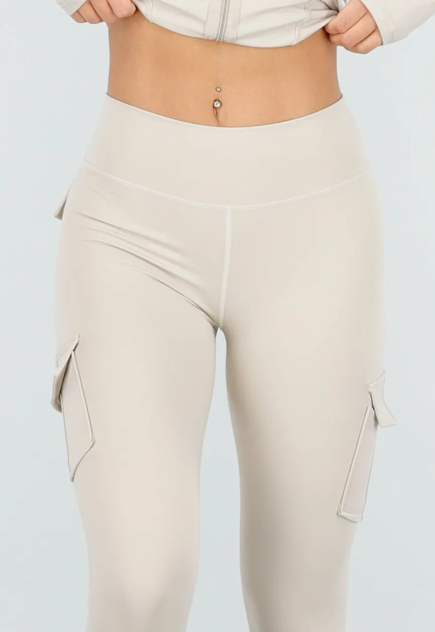 Beige Sportset met Cargolegging en Rits Top Dames