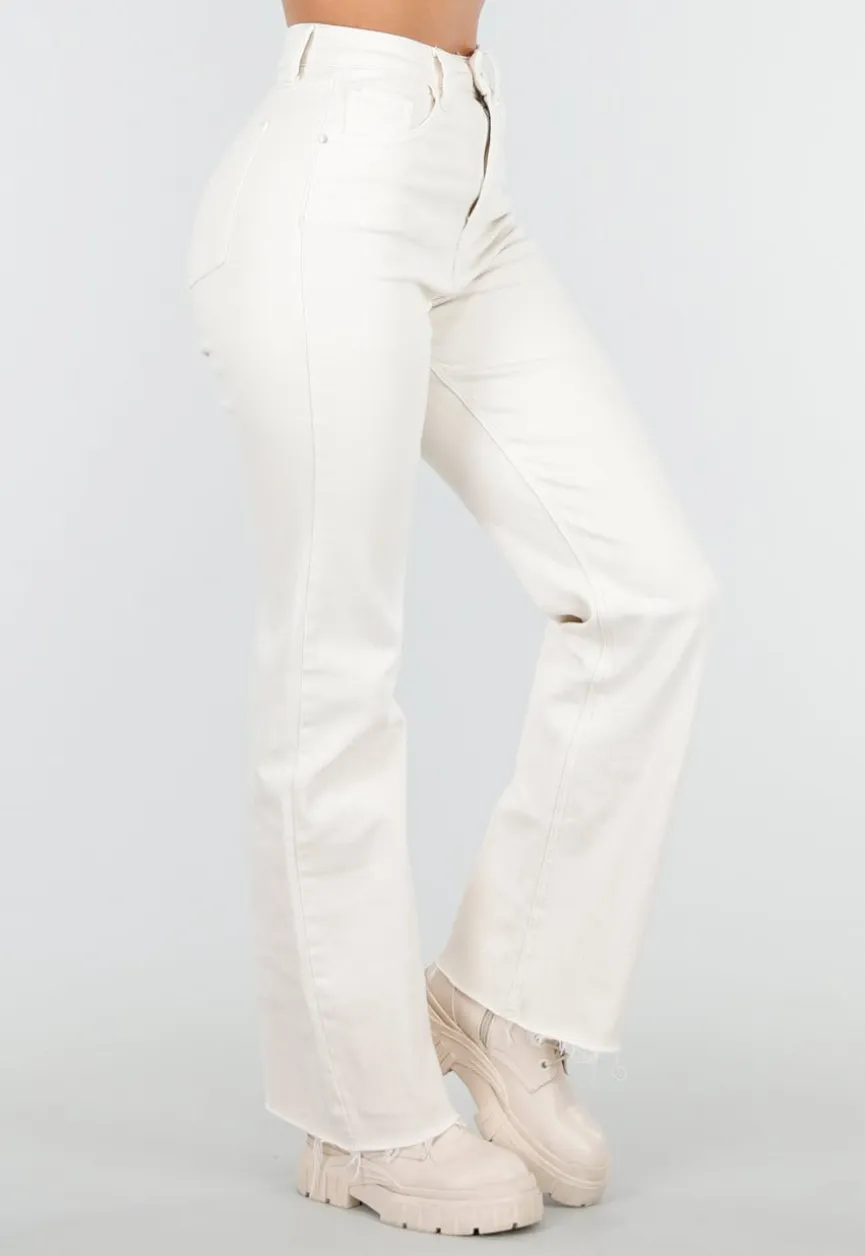 Beige Straight Leg Jeans met High Waist en Stretch