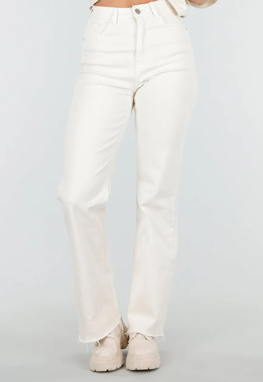 Beige Straight Leg Jeans met High Waist en Stretch