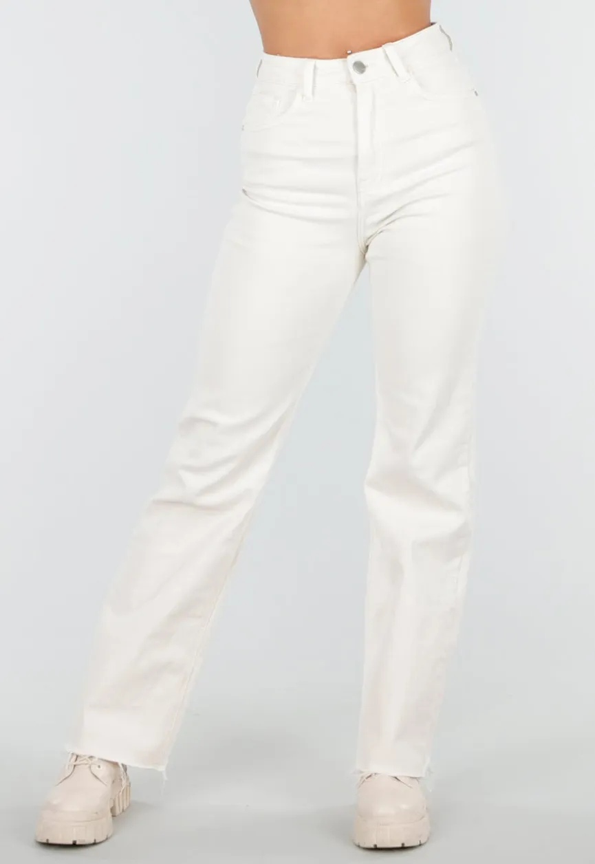 Beige Straight Leg Jeans met High Waist en Stretch