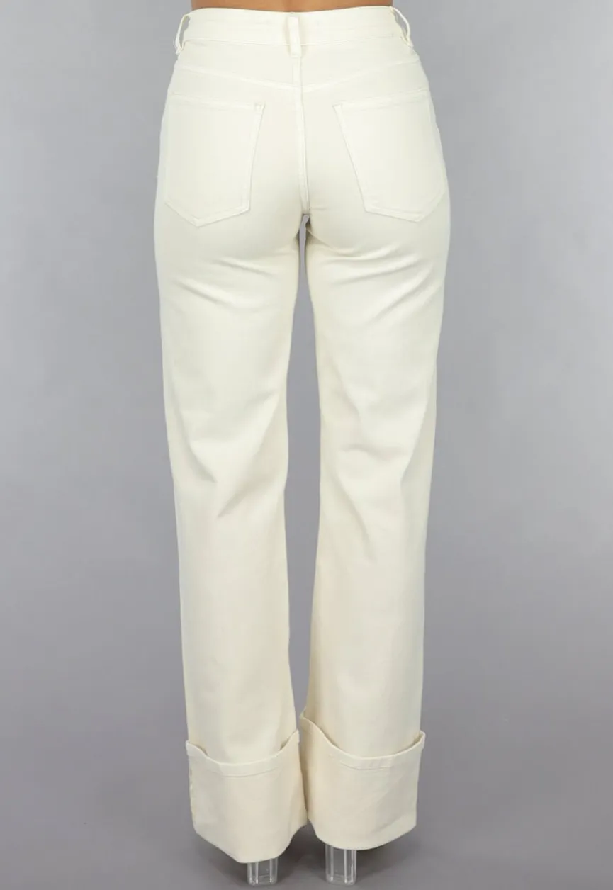 Beige Straight Leg Jeans met Omgeslagen Pijpen