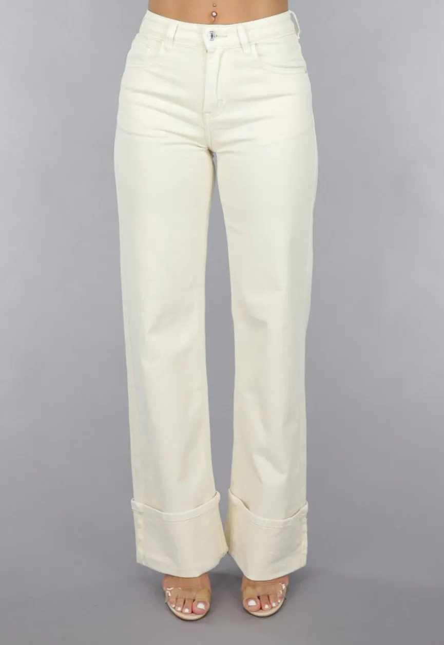 Beige Straight Leg Jeans met Omgeslagen Pijpen