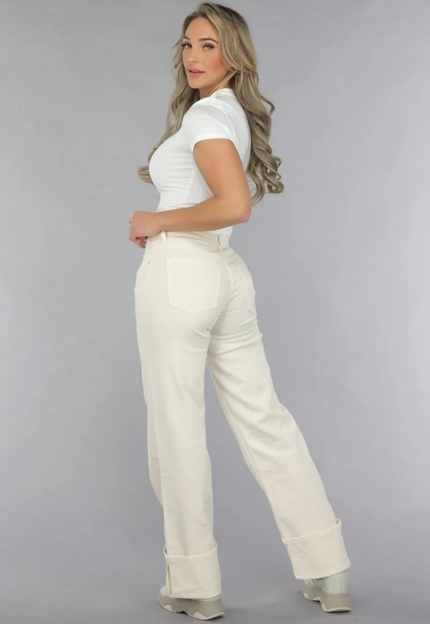 Beige Straight Leg Jeans met Omgeslagen Pijpen