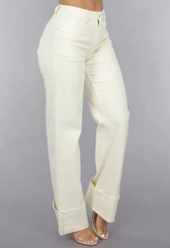 Beige Straight Leg Jeans met Omgeslagen Pijpen