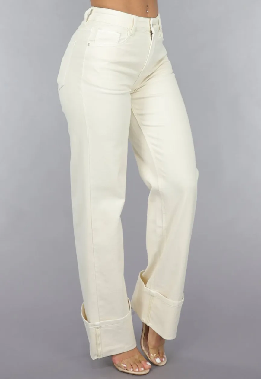 Beige Straight Leg Jeans met Omgeslagen Pijpen