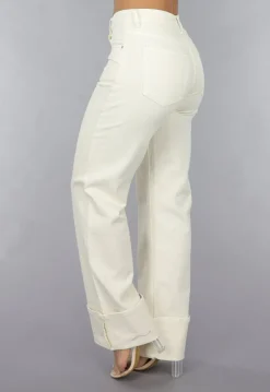 Beige Straight Leg Jeans met Omgeslagen Pijpen