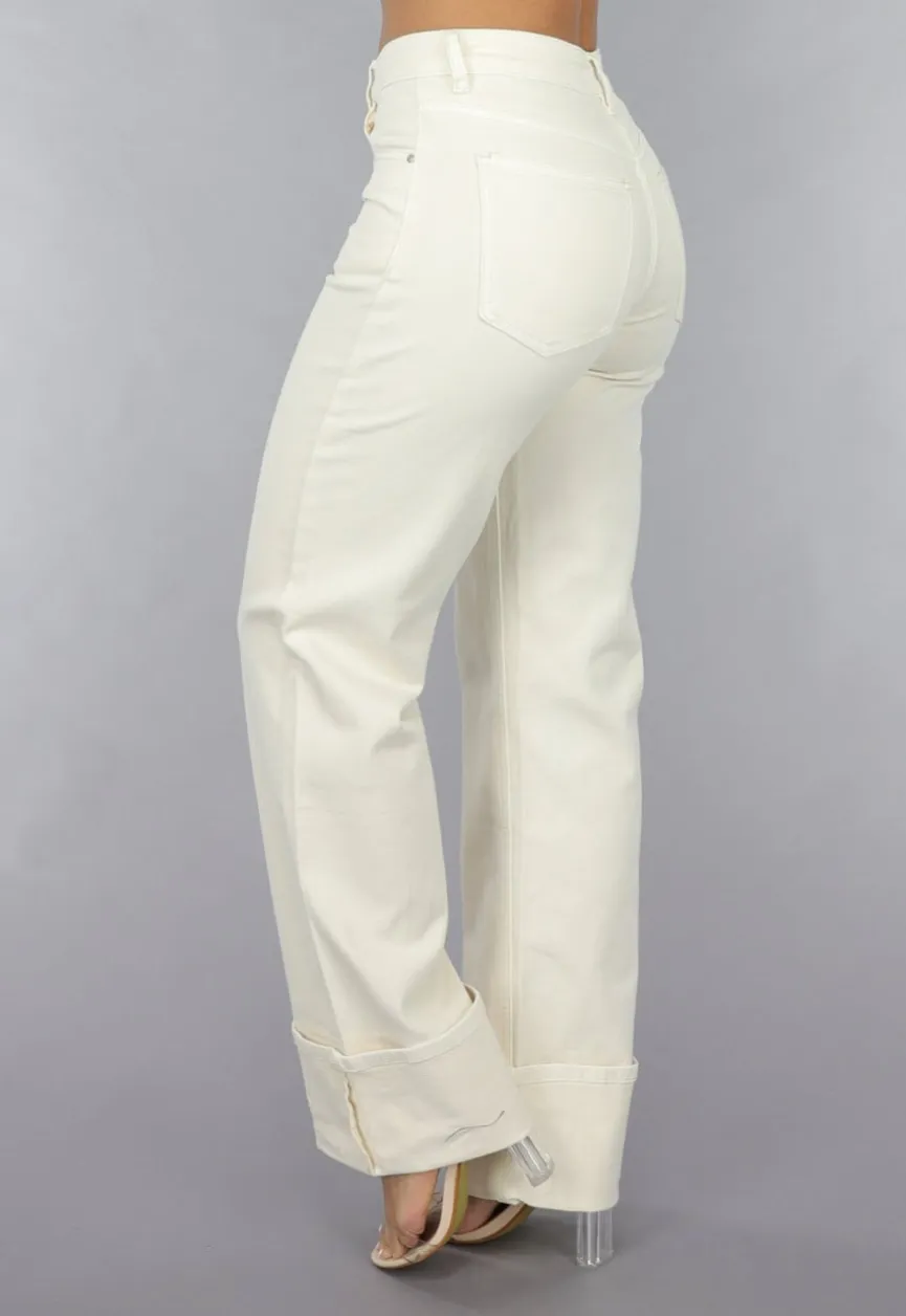Beige Straight Leg Jeans met Omgeslagen Pijpen