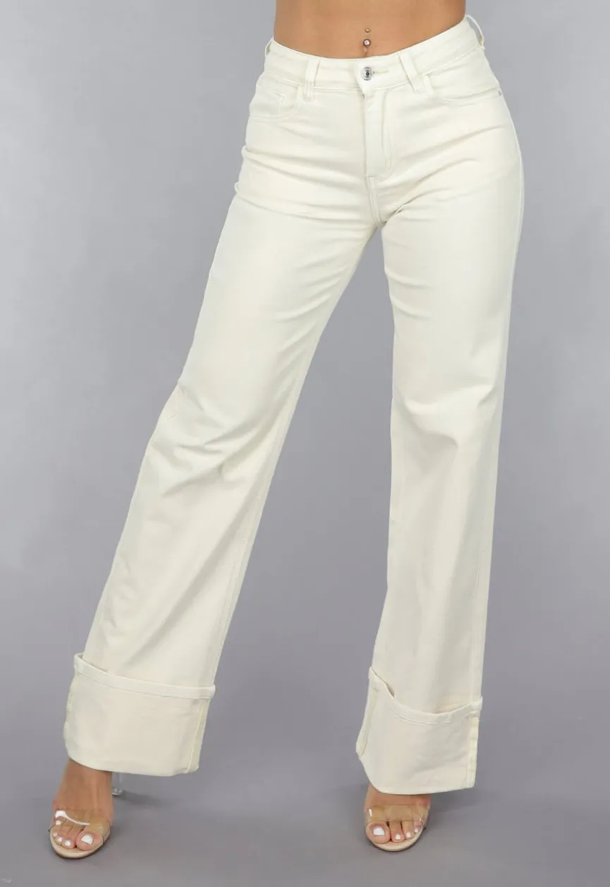 Beige Straight Leg Jeans met Omgeslagen Pijpen
