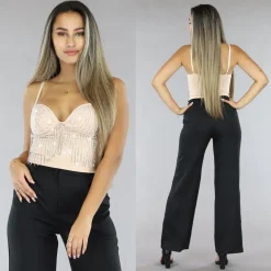 Beige Strass Top met Cups en Verstelbare Bandjes