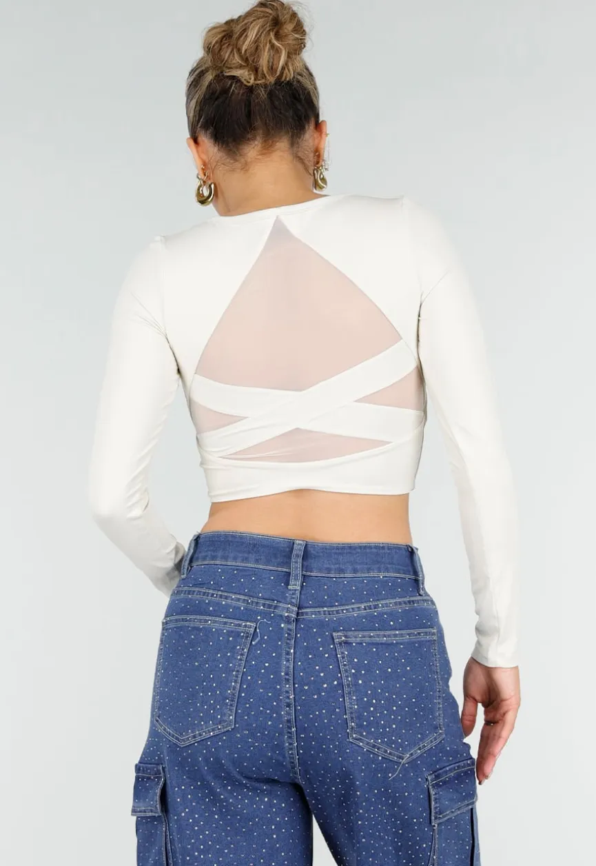 Beige Stretch Crop Top met Lange Mouwen en Pads