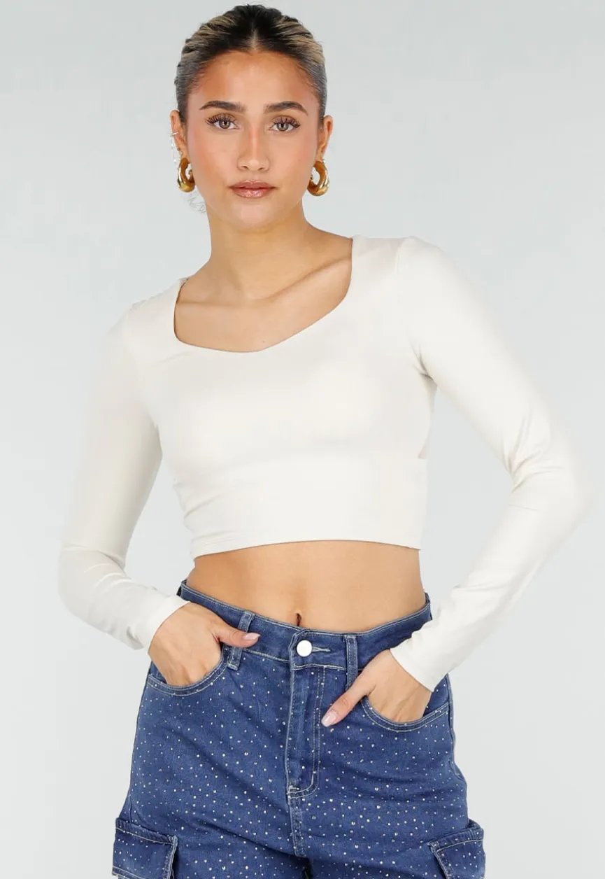 Beige Stretch Crop Top met Lange Mouwen en Pads