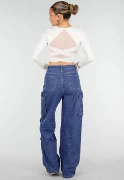 Beige Stretch Crop Top met Lange Mouwen en Pads