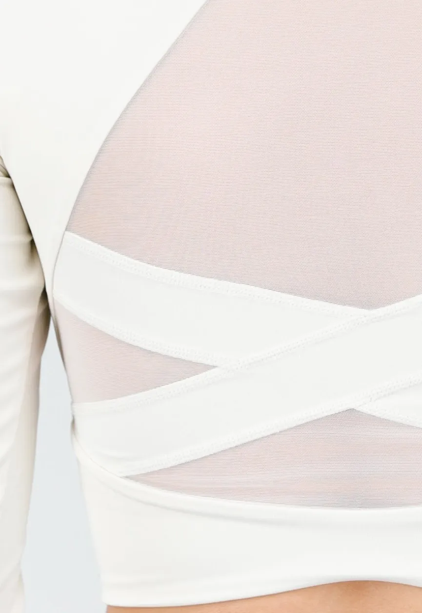 Beige Stretch Crop Top met Lange Mouwen en Pads