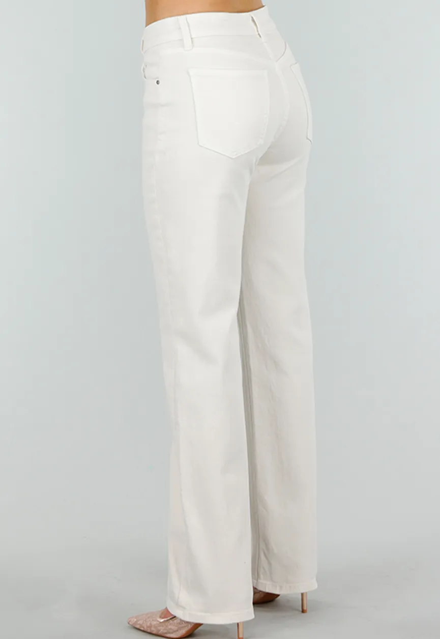 Beige Stretch Denim Jeans met Mid Waist en Rechte Pijpen