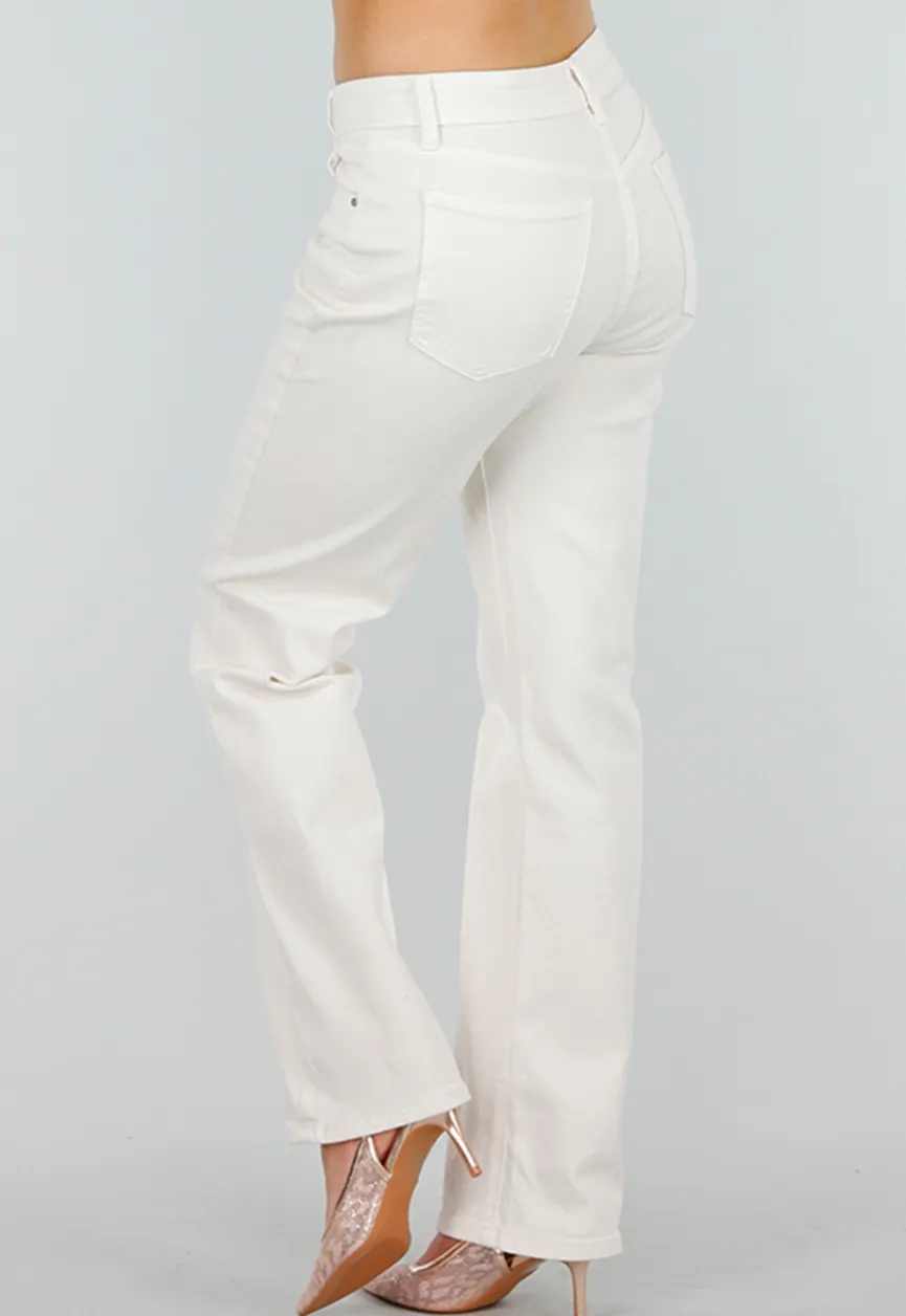 Beige Stretch Denim Jeans met Mid Waist en Rechte Pijpen