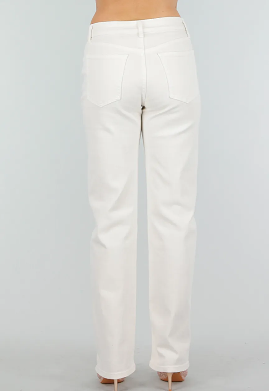 Beige Stretch Denim Jeans met Mid Waist en Rechte Pijpen