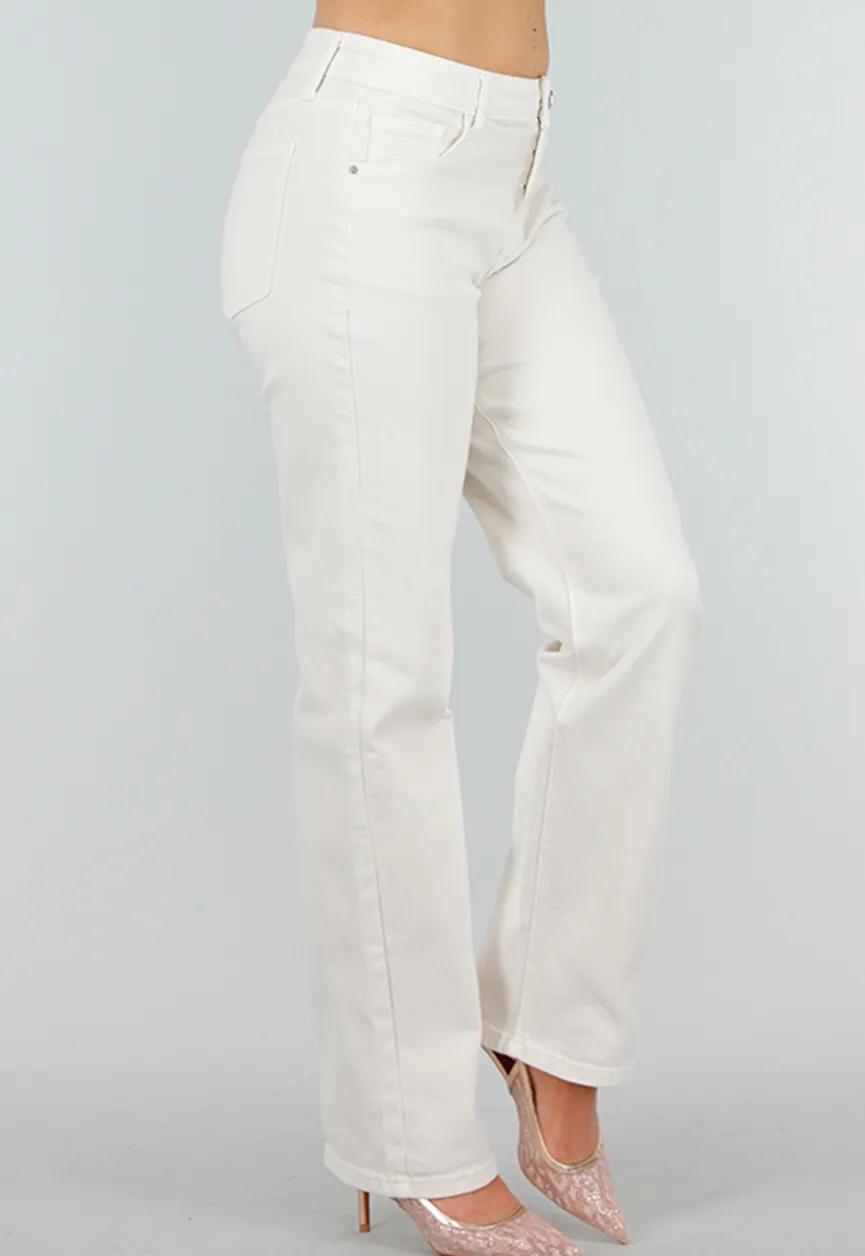 Beige Stretch Denim Jeans met Mid Waist en Rechte Pijpen