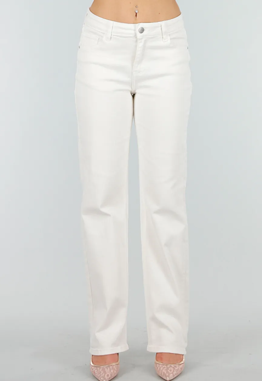 Beige Stretch Denim Jeans met Mid Waist en Rechte Pijpen
