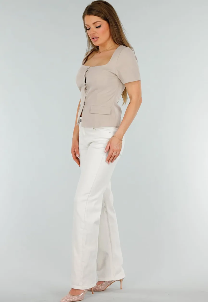 Beige Stretch Denim Jeans met Mid Waist en Rechte Pijpen