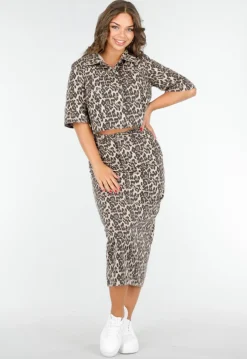 Beige Stretch Luipaardprint Two-piece met Rok en Cropped Blouse