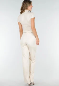 Beige Stretch Top met Col en Korte Mouwen