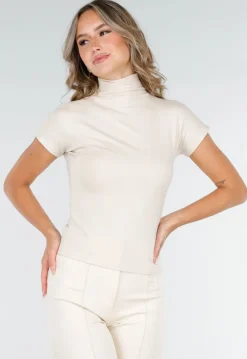 Beige Stretch Top met Col en Korte Mouwen