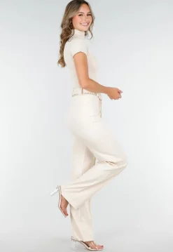 Beige Stretch Top met Col en Korte Mouwen