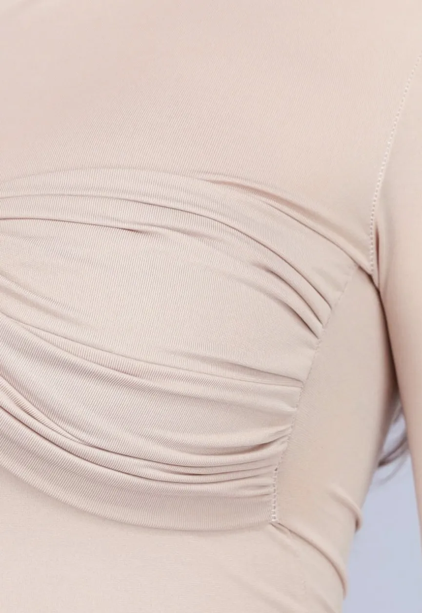 Beige Stretch Twist Top met Lange Mouwen