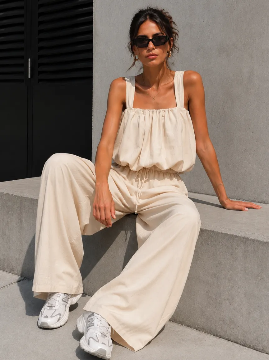 Beige Stretch Two Piece Set met Mouwloze Top en Wide Leg Broek