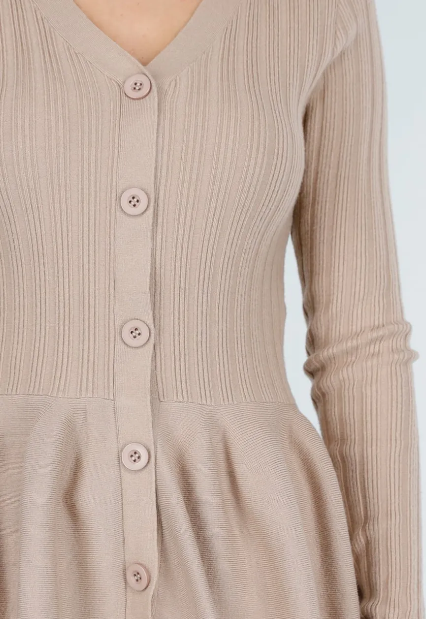 Beige Stretch Two-Piece Set met Flared Broek en Knopen Top