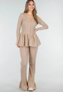 Beige Stretch Two-Piece Set met Flared Broek en Knopen Top
