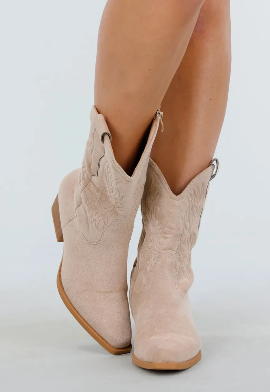 Beige Suède Cowboylaarzen met Lage Hak en Borduursel