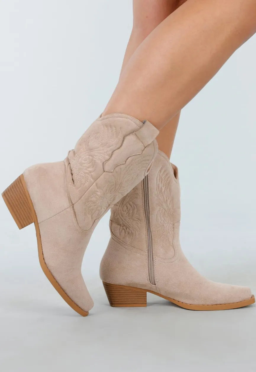 Beige Suède Cowboylaarzen met Lage Hak en Borduursel