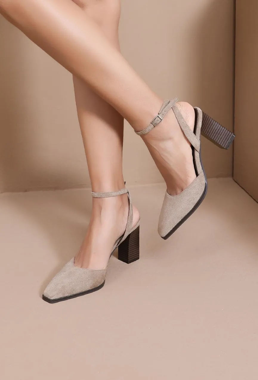 Beige Suède Enkelband Pumps met Blokhak