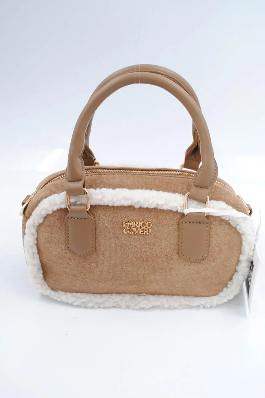 Beige Suède Handtas met Bontafwerking en Lang Schouderhengsel