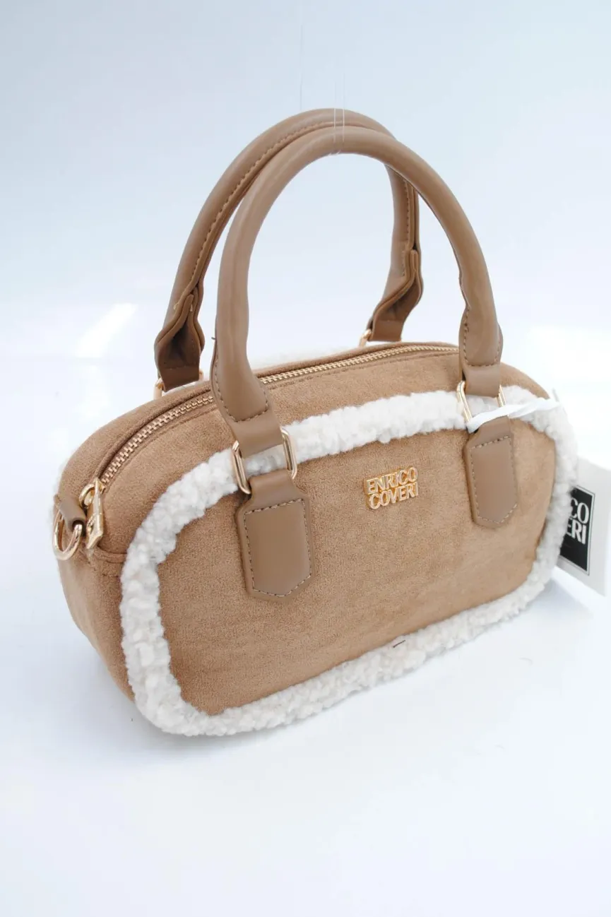 Beige Suède Handtas met Bontafwerking en Lang Schouderhengsel