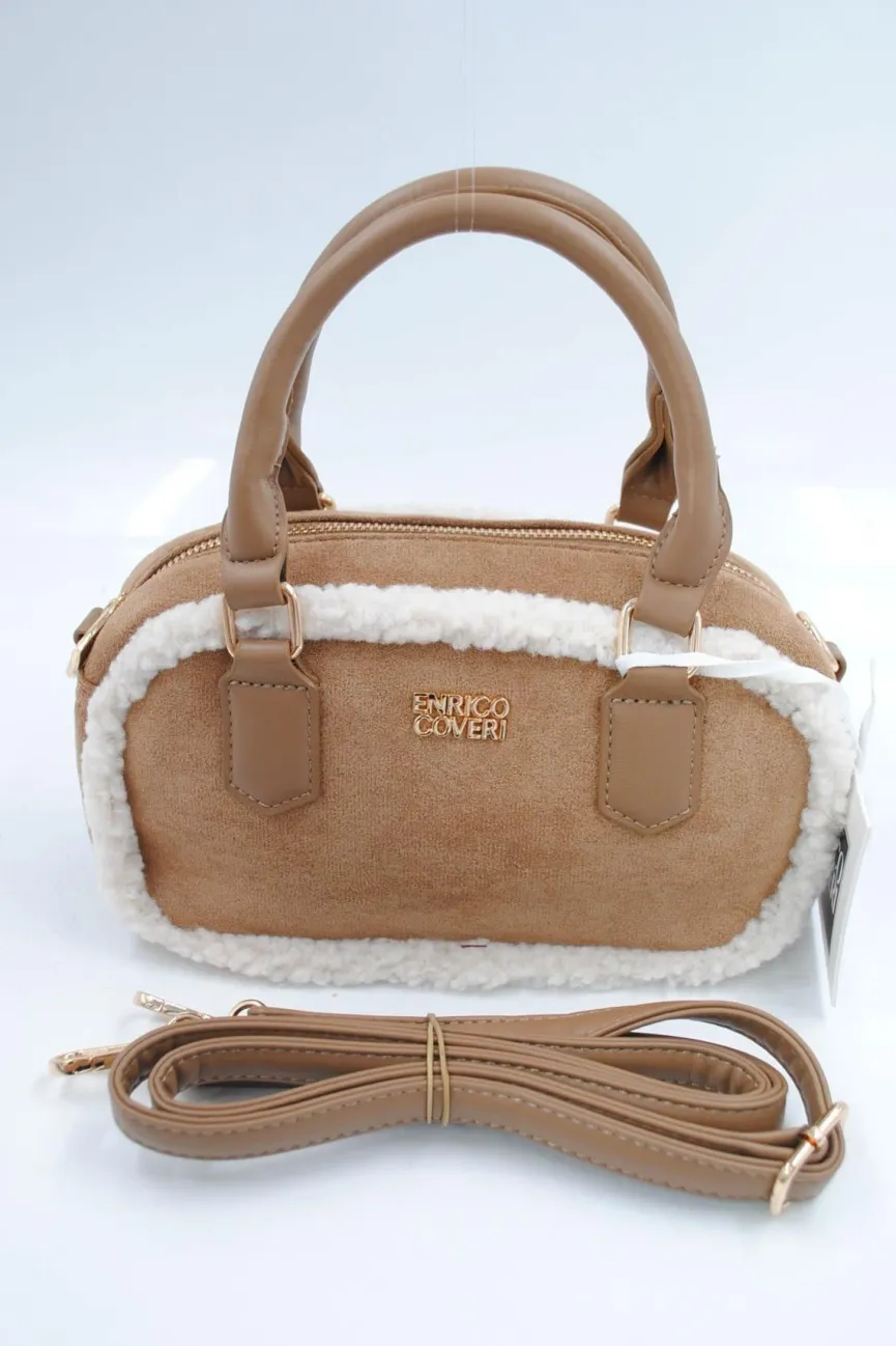 Beige Suède Handtas met Bontafwerking en Lang Schouderhengsel