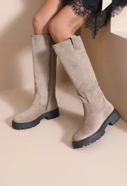 Beige Suède Laarzen met Grove Zool en Ritssluiting