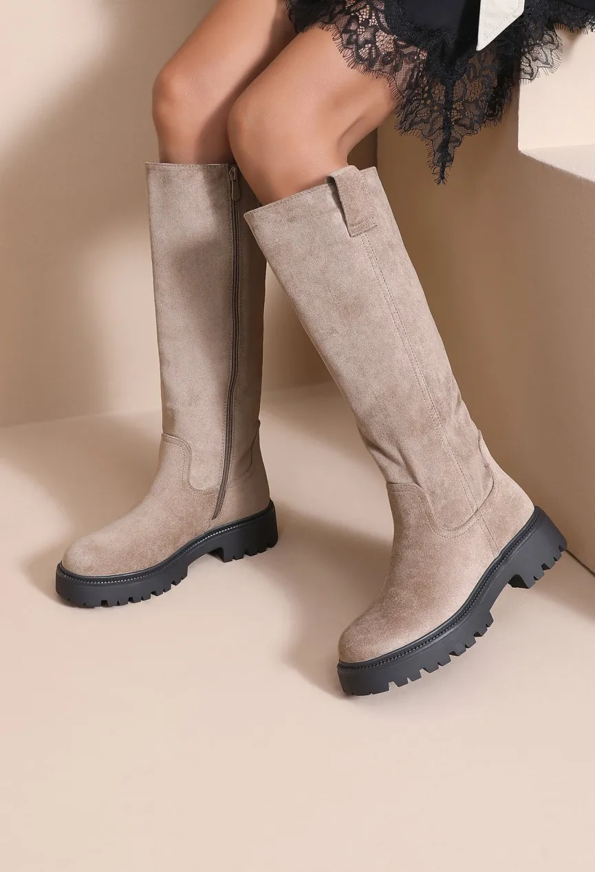 Beige Suède Laarzen met Grove Zool en Ritssluiting