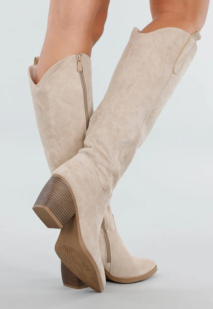 Beige Suède Look Cowboylaarzen met Hak
