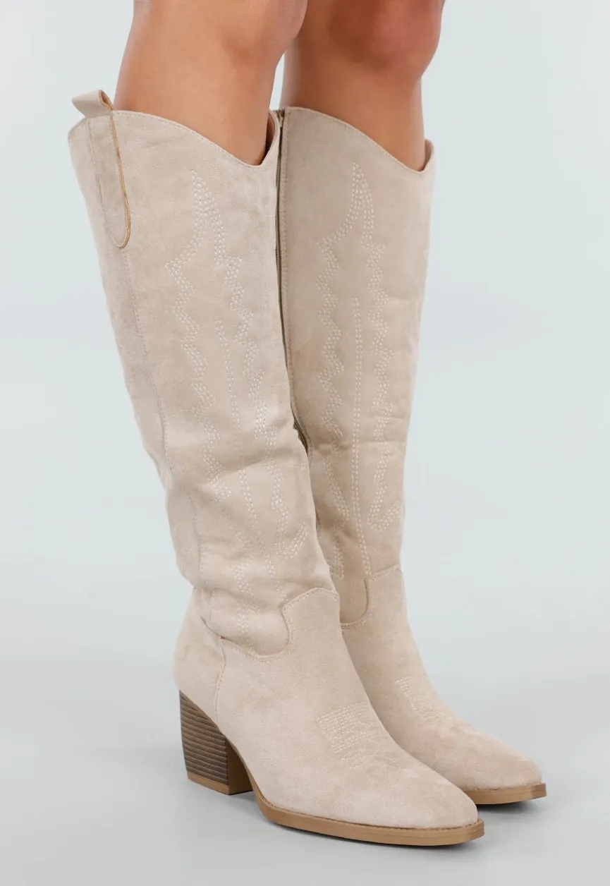 Beige Suède Look Cowboylaarzen met Hak