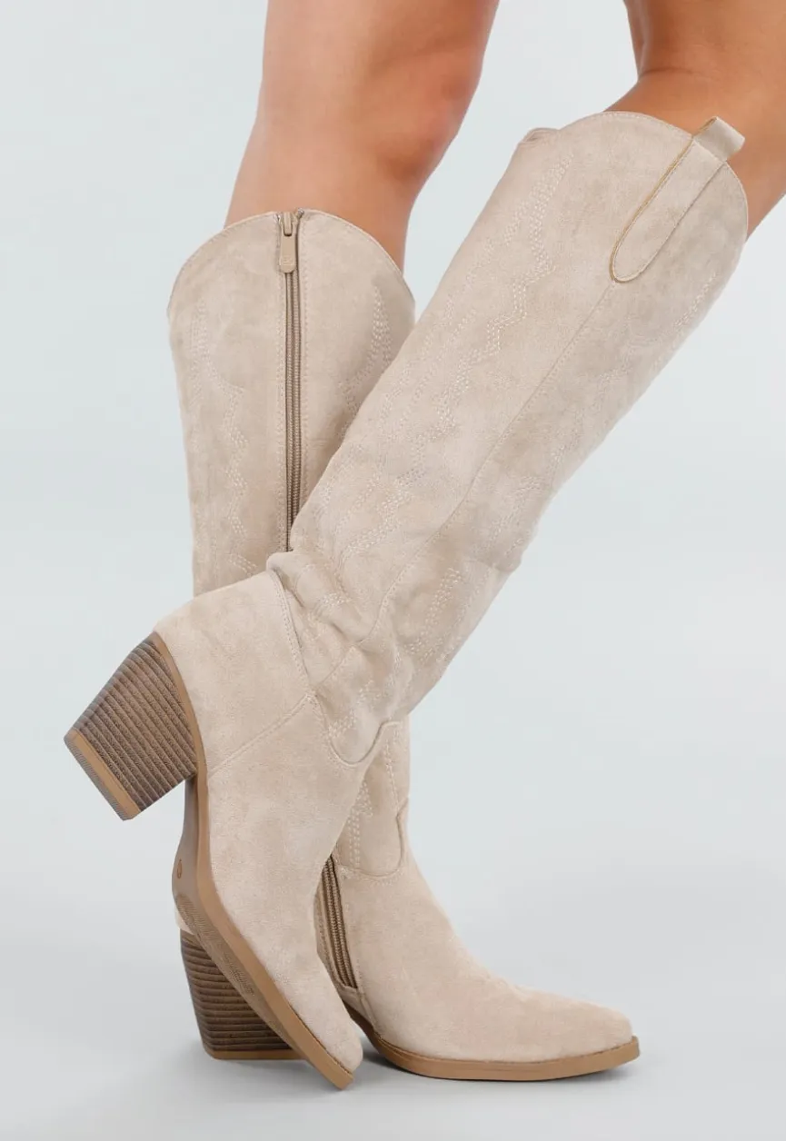 Beige Suède Look Cowboylaarzen met Hak