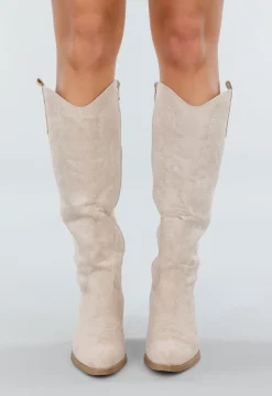 Beige Suède Look Cowboylaarzen met Hak