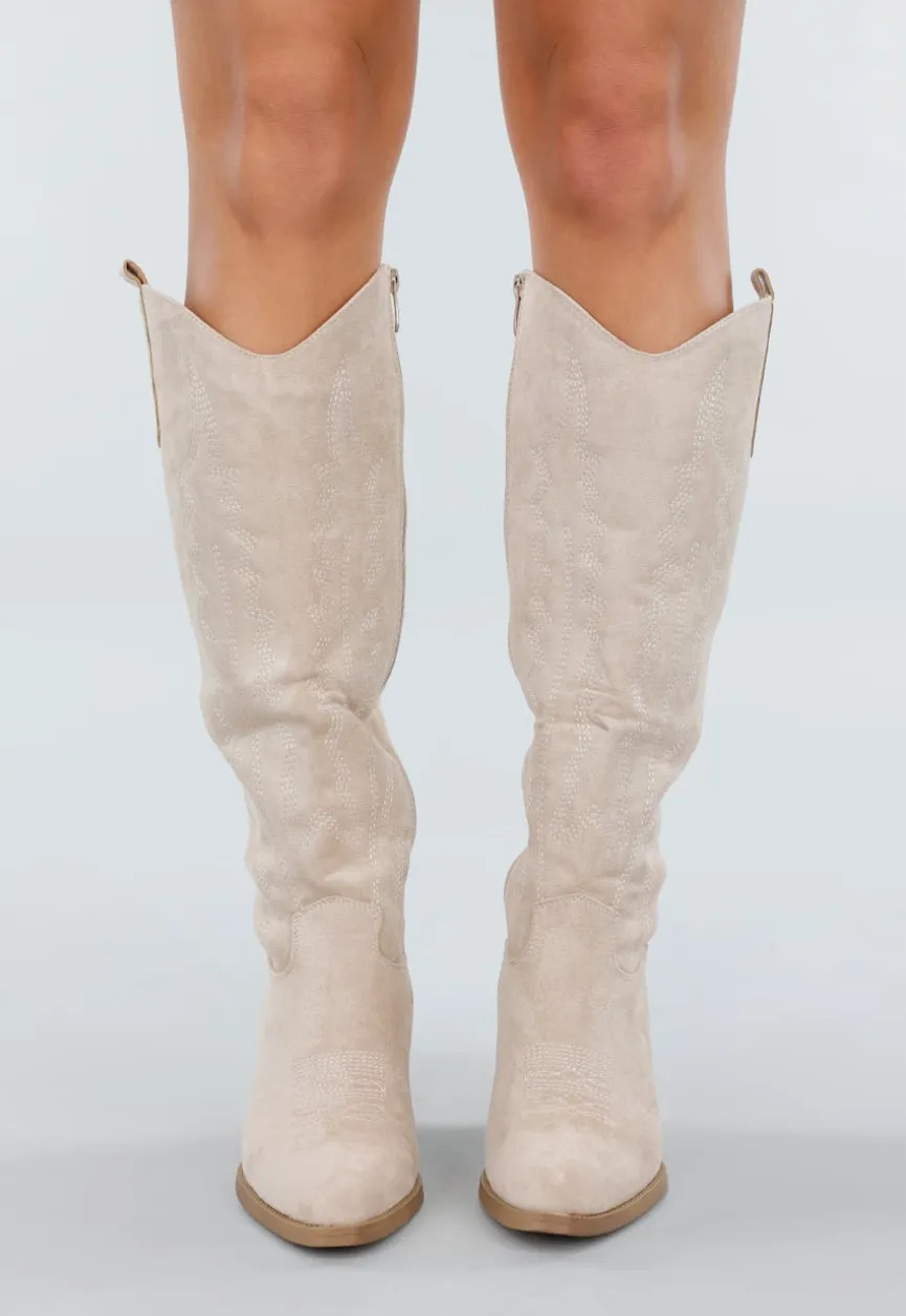 Beige Suède Look Cowboylaarzen met Hak