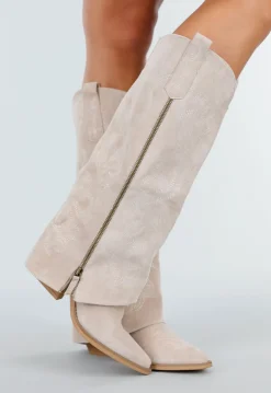 Beige Suède Look Cowboylaarzen met Stikseldetail