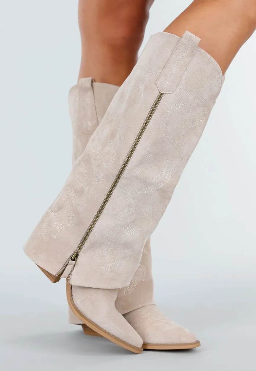 Beige Suède Look Cowboylaarzen met Stikseldetail