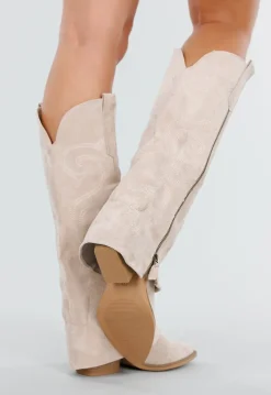 Beige Suède Look Cowboylaarzen met Stikseldetail