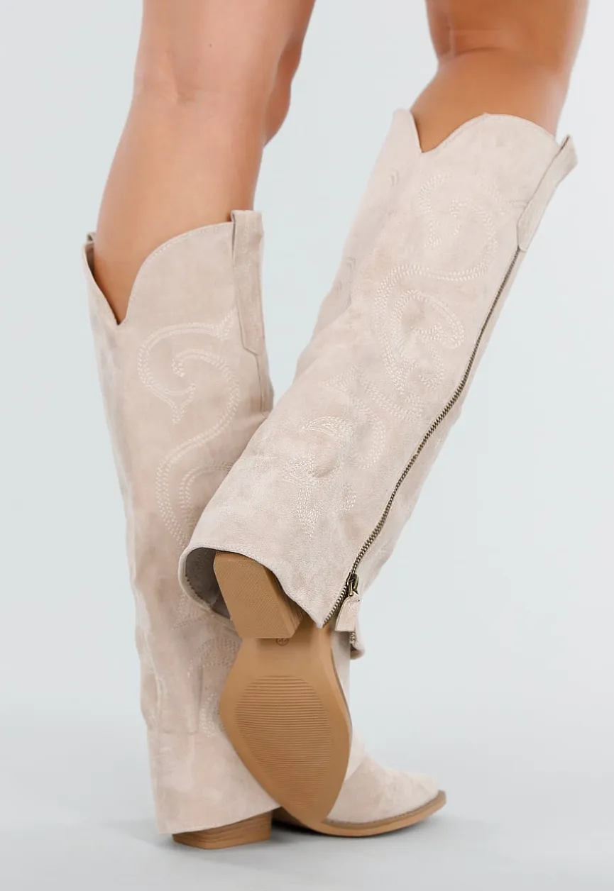 Beige Suède Look Cowboylaarzen met Stikseldetail